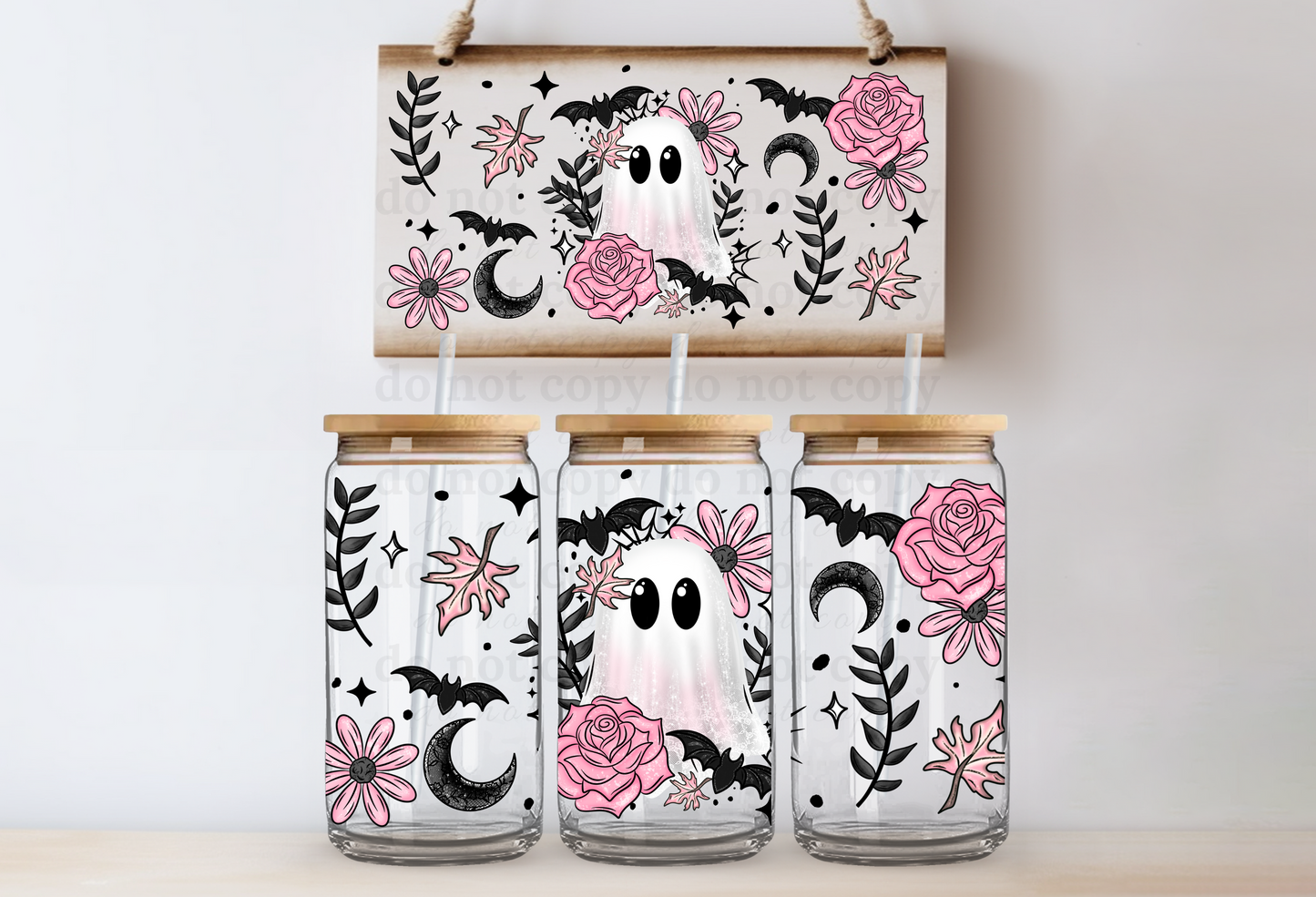 Pink floral ghost - UV DTF Cup Wrap