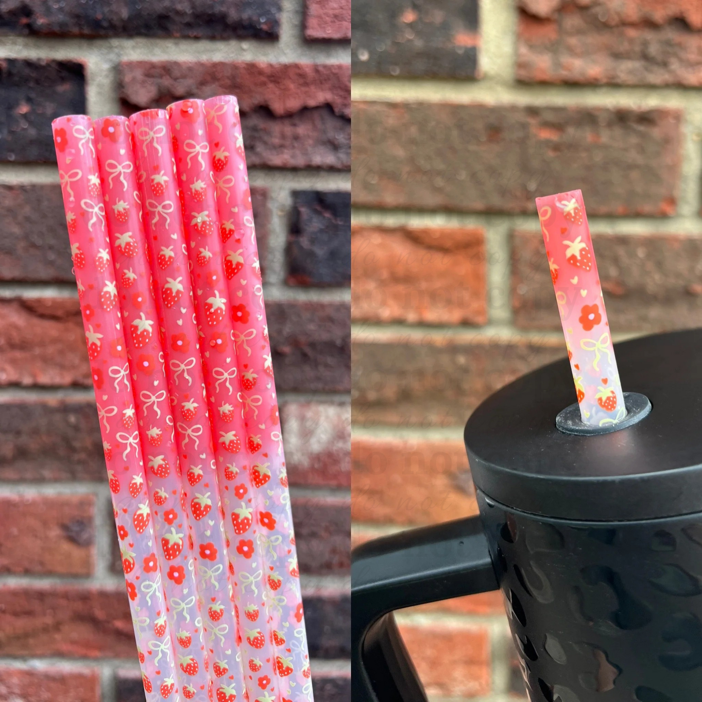 Color changing red strawberries with bows - 40 ounce straw