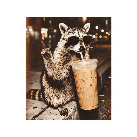 Raccoon drinking coffee - DTF TRANSFERS