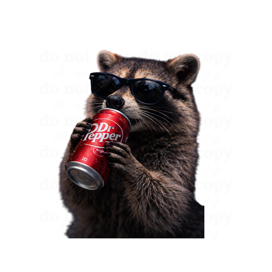 Raccoon drinking a Dr Pepper - DTF TRANSFERS