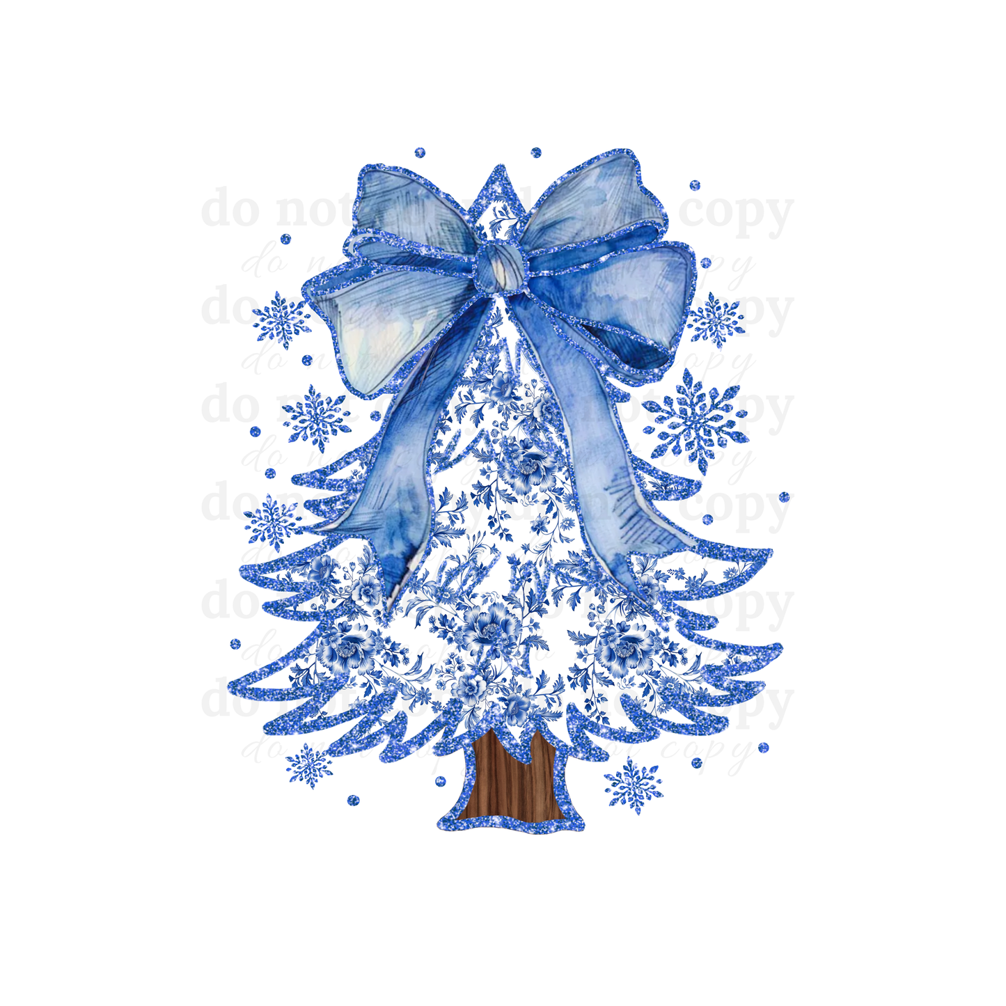 Blue Floral Christmas Tree - DTF TRANSFERS
