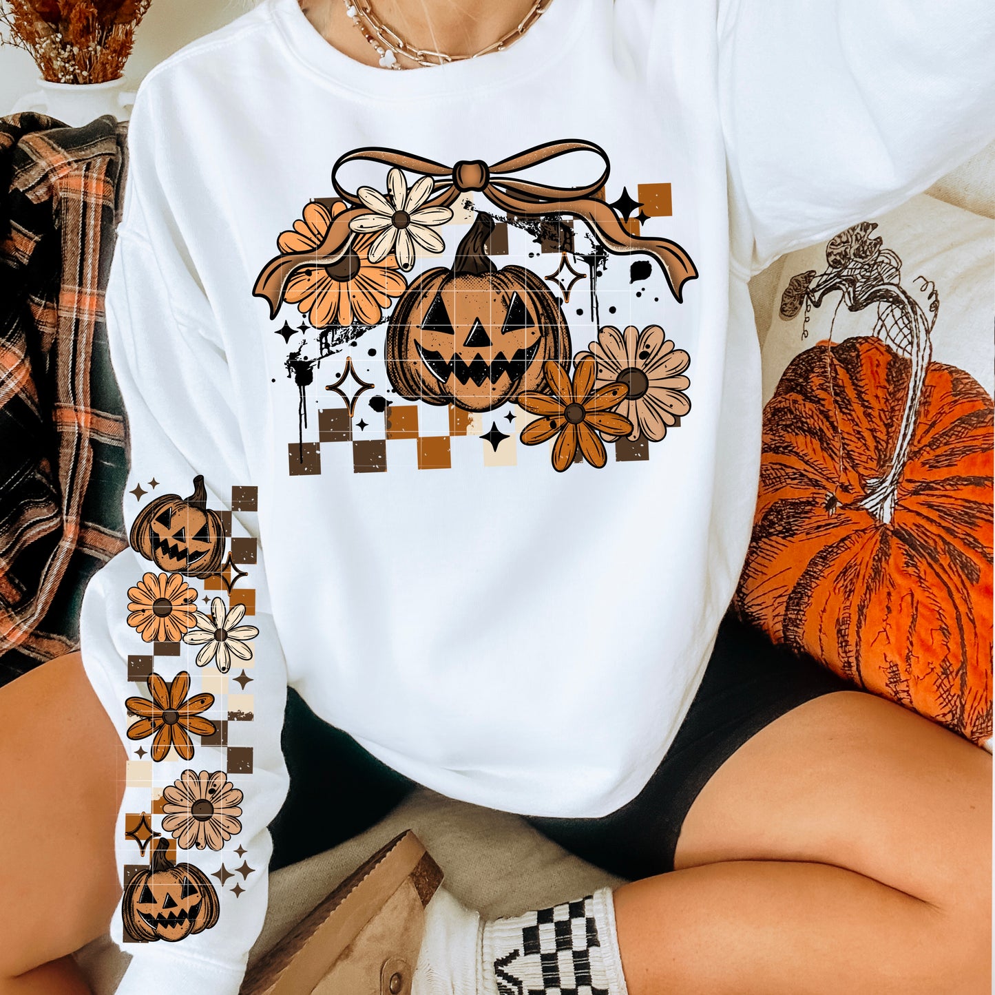 Pumpkin Floral with Bow (Sleeves not included) - DTF TRANSFER