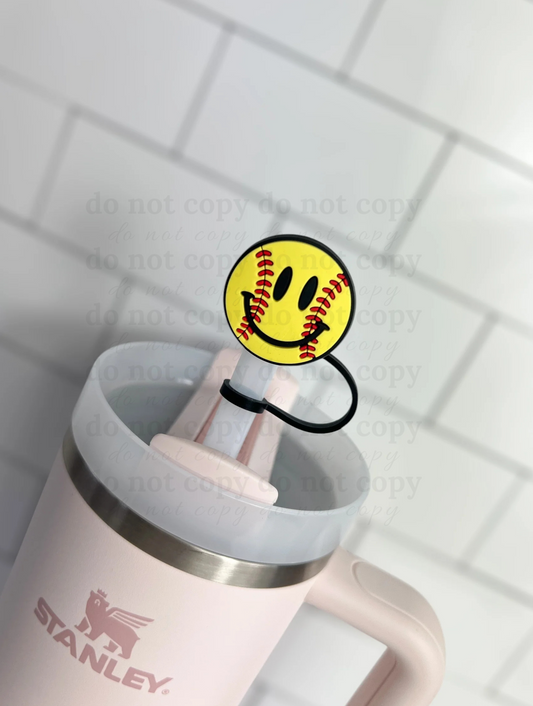 Softball happy face - 10mm Straw Toppers